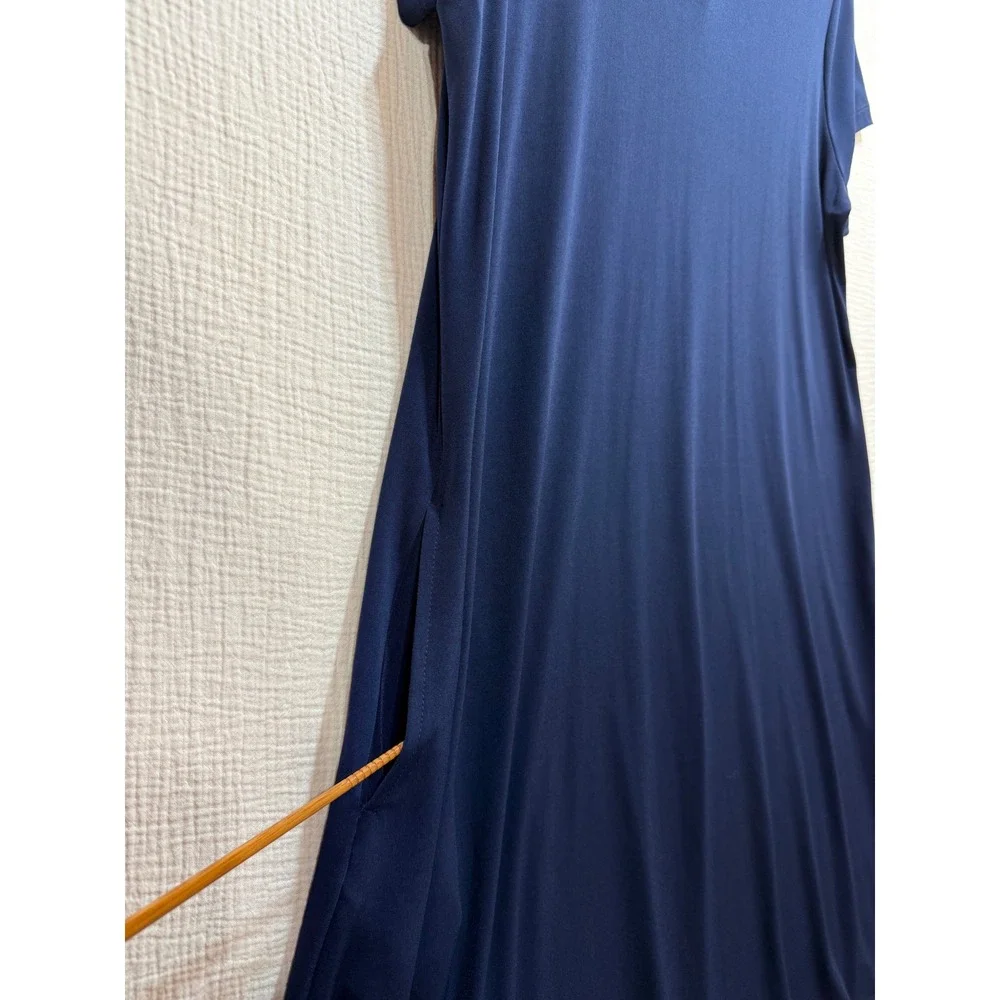 Susan Graver Liquid Knit Dress Womens Large Navy Blue Back Strap Pockets Modest